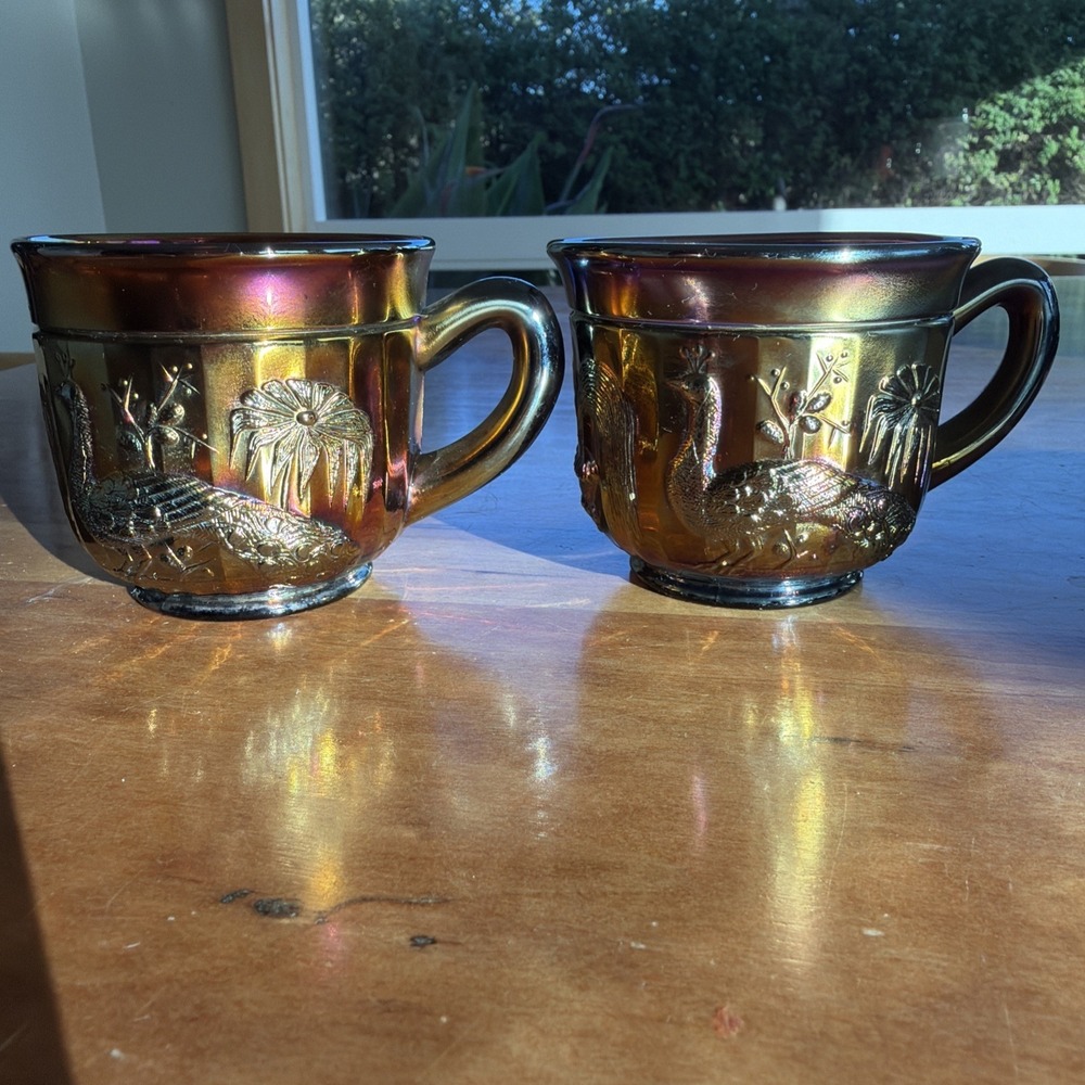 Northwood Carnival Glass Peacock at the Fountain Tumblers Marigold Set of 2‎